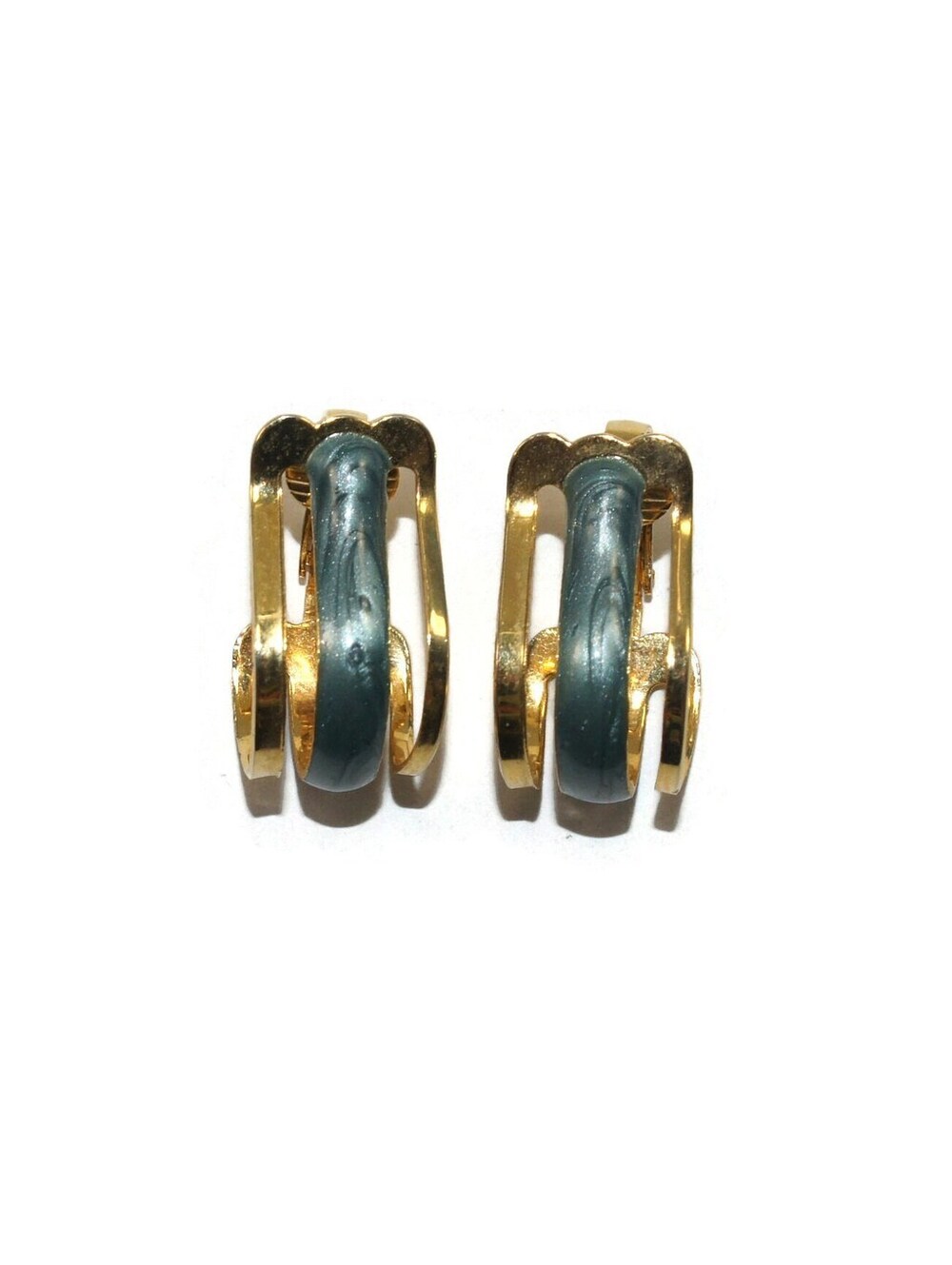 Vintage Gold Tone and Marbled Green Enamel Clip on Earrings.